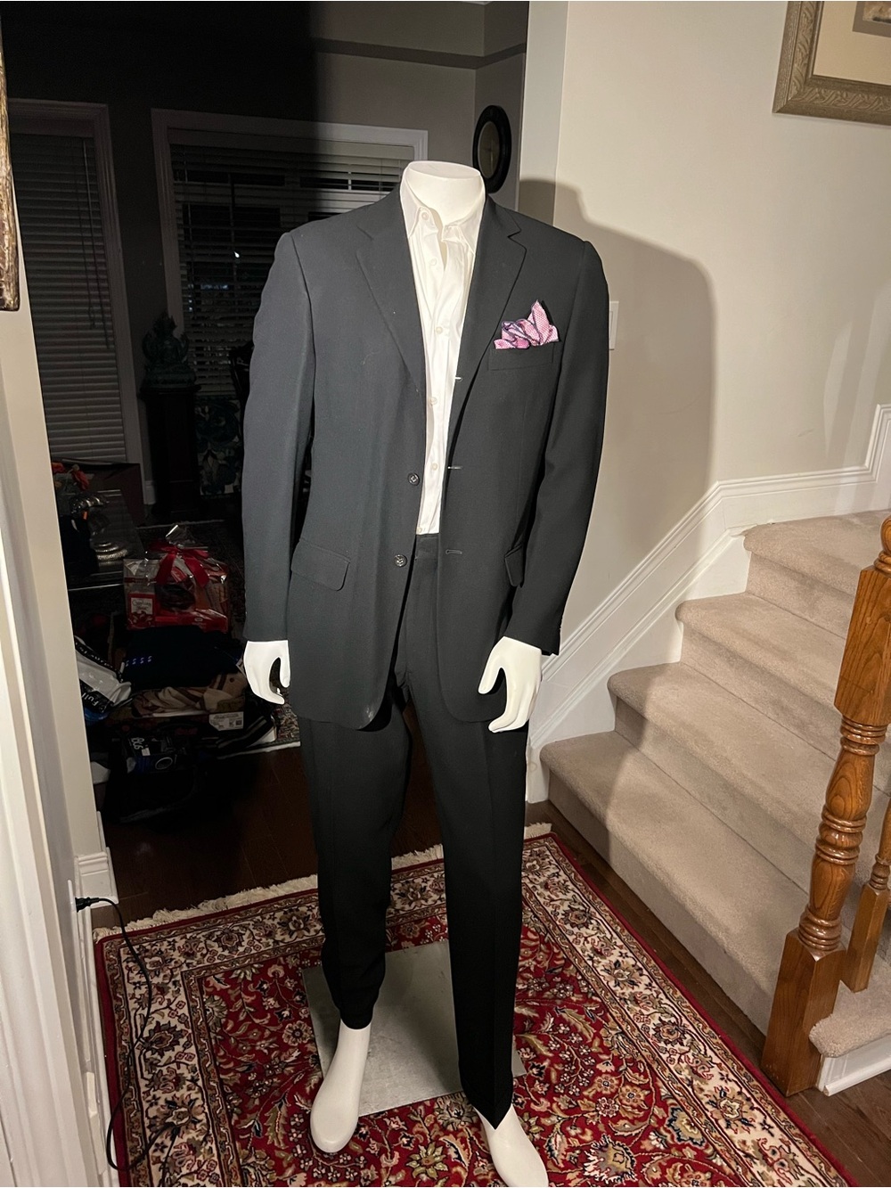 Banana Republic Black Suit with White Shirt and Pink Pocket Square